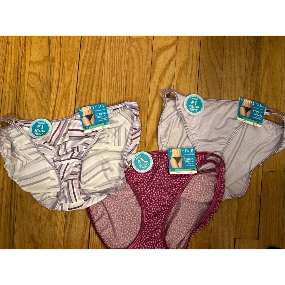 NWT 3 Vanity Fair String BIKINI Panties Illumination Nylon 18108 womens 8 8/XL